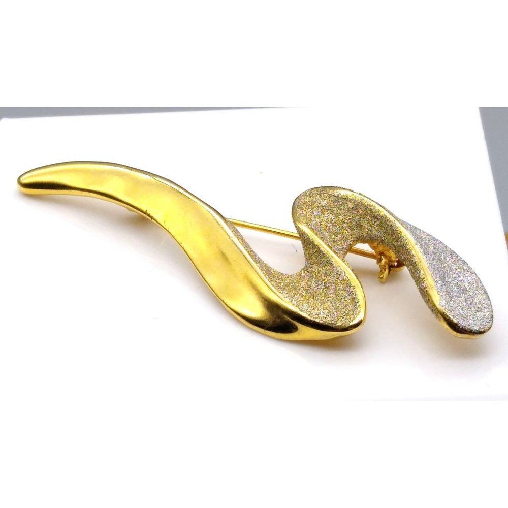 Vintage CIRO Frosted Swoosh Brooch with Shimmer Gold and Silver Diamond Dust